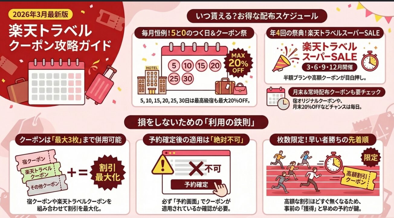 【楽天トラベル攻略】クーポン3枚併用が最強！「割引スタック」で数万円得する5つの極意